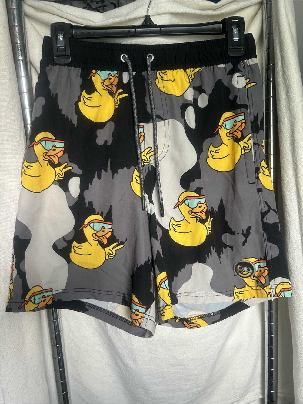 Neff Black & Gray Camo Swim Trunks with Yellow Duck Print